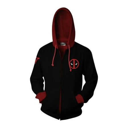 

Deadpool costume Men s Premium Red and Black Superhero Inspired Zip-Up Hoodie with Adjustable Drawstring and Pockets