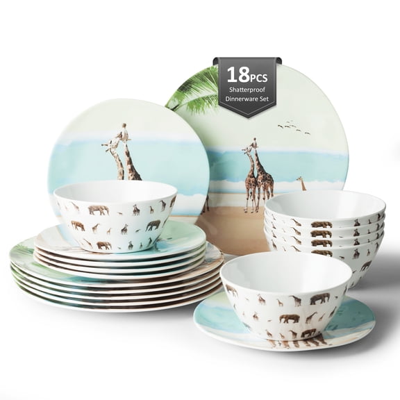 Joviton HOME 18PCS Summer Giraffe Family Melamine Dinnerware Sets for 6,Outdoor Plates and Bowls Sets