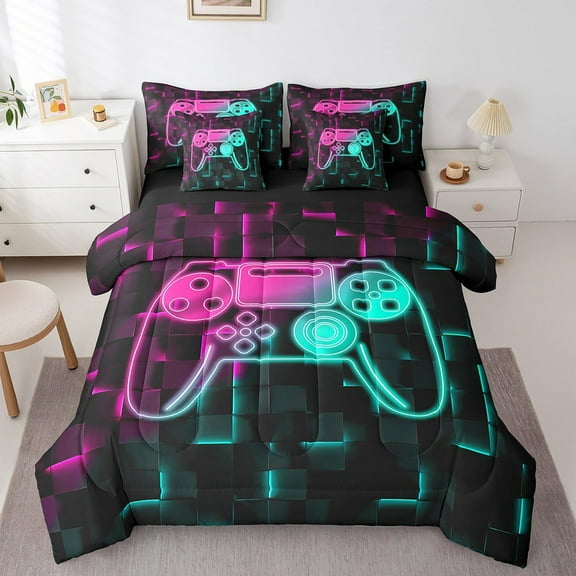 Erosebridal Abstract Gamepads Bedding Sets Twin Size,Gradient Ombre Comforter Sets with Sheets,Geometric Plaid Bed in a Bag Twin size,Breathable Video Game Bedroom Decoration,Reversible,7pcs