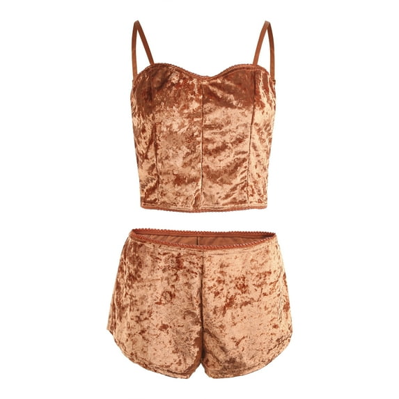 Douhoow Women Velvet Pajamas Summer Sleepwear Loungewear Sling Crop Top Short Elastic Band Shorts