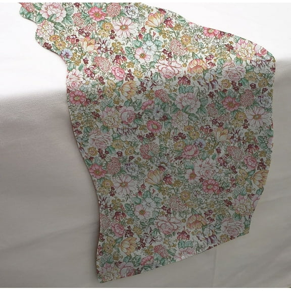 Rose Garden Table Runner by Penny's Needful Things (5 Feet Long - SCALLOPED) (Cream)