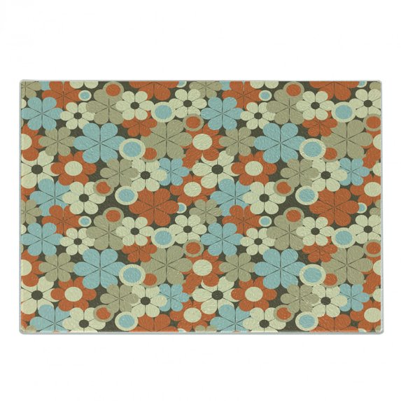 Floral Cutting Board, Retro Flower Pattern Simplistic Designed Petals Fragrance Essence Circle Theme, Decorative Tempered Glass Cutting and Serving Board, Small Size, Multicolor, by Ambesonne