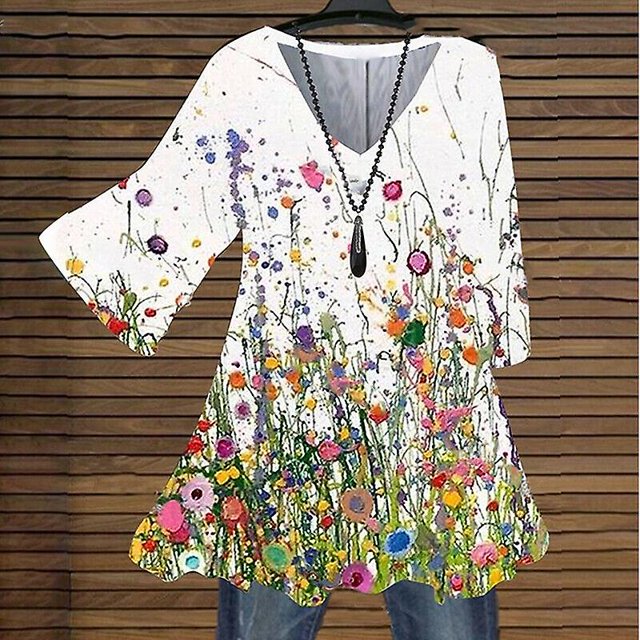 Reino Unido mujeres blusa larga camiseta damas estampado floral túnica tops camiseta casual más tamañomulticolorM