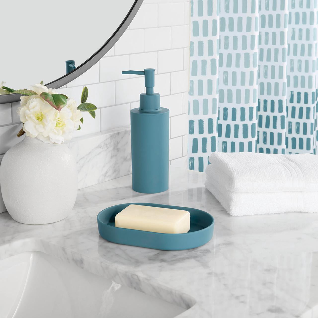 Mainstays 16-Piece Ombre Stripe Shower Curtain Bathroom Set – Blue Fabric Curtain with Rug, Hooks, Soap Dispenser & Tray