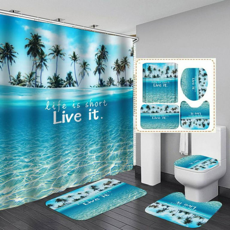 4PCS/Set Shower Curtain Bathroom Decor Set with 12 Hooks,Toilet Lid Cover  Sets with Non-Slip Rug Bath Mat for Bathroom, Polyester, Waterproof, 71x71  Inch 