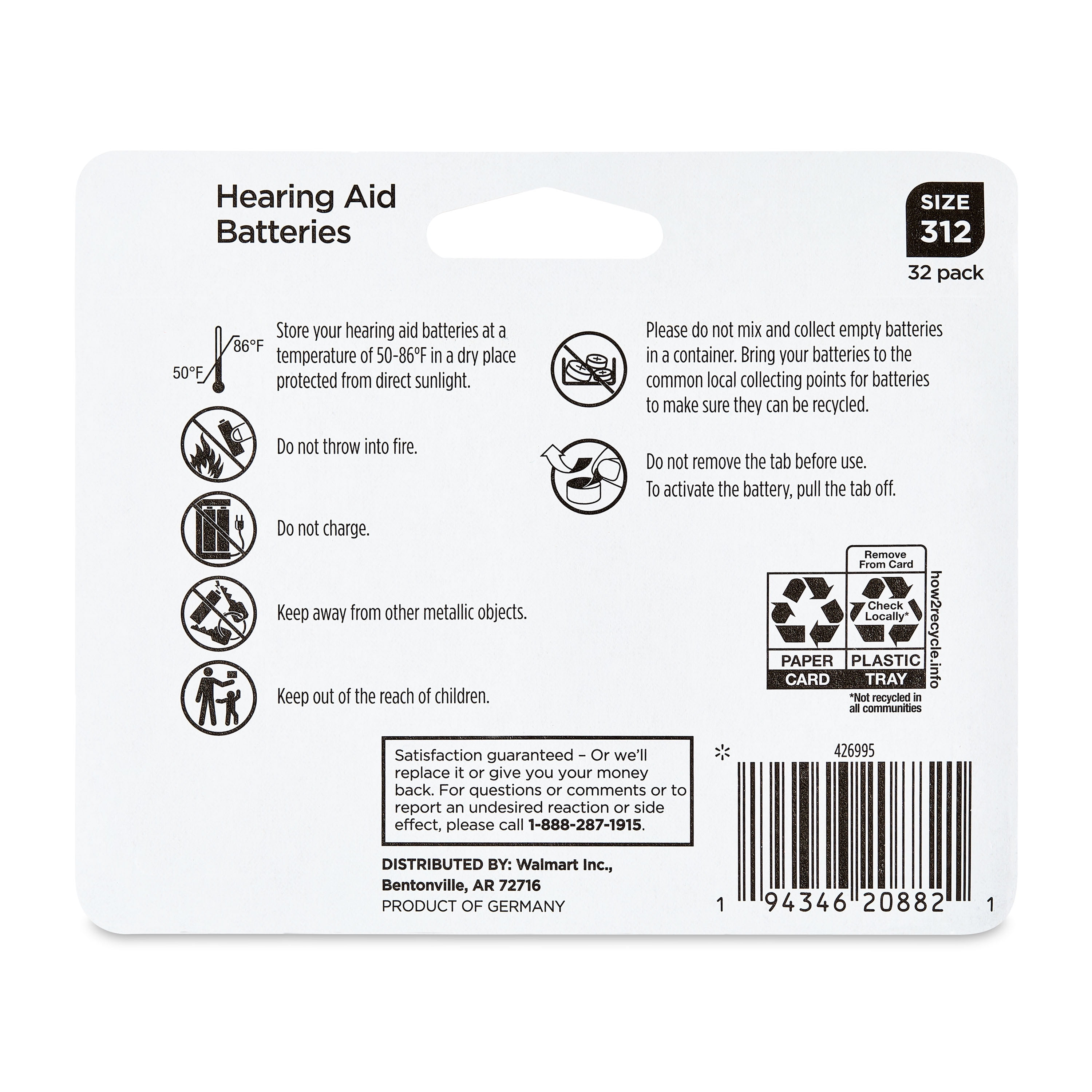 (5 pack) Equate Hearing Aid Batteries, Size 312, 32 Pack