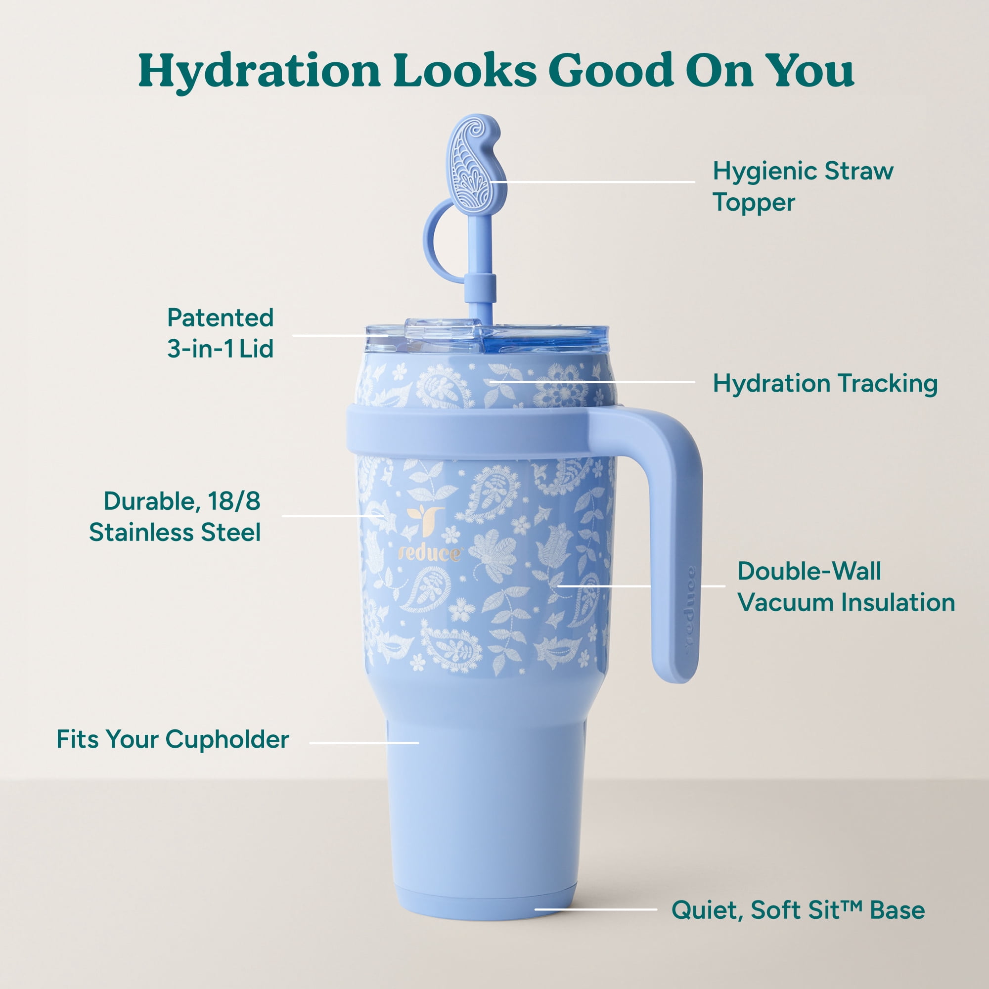 Reduce 40oz Cold1 Travel Mug with Straw and Straw Topper, Lid & Travel Handle, Insulated Stainless Steel, Embroidered Sky Blue