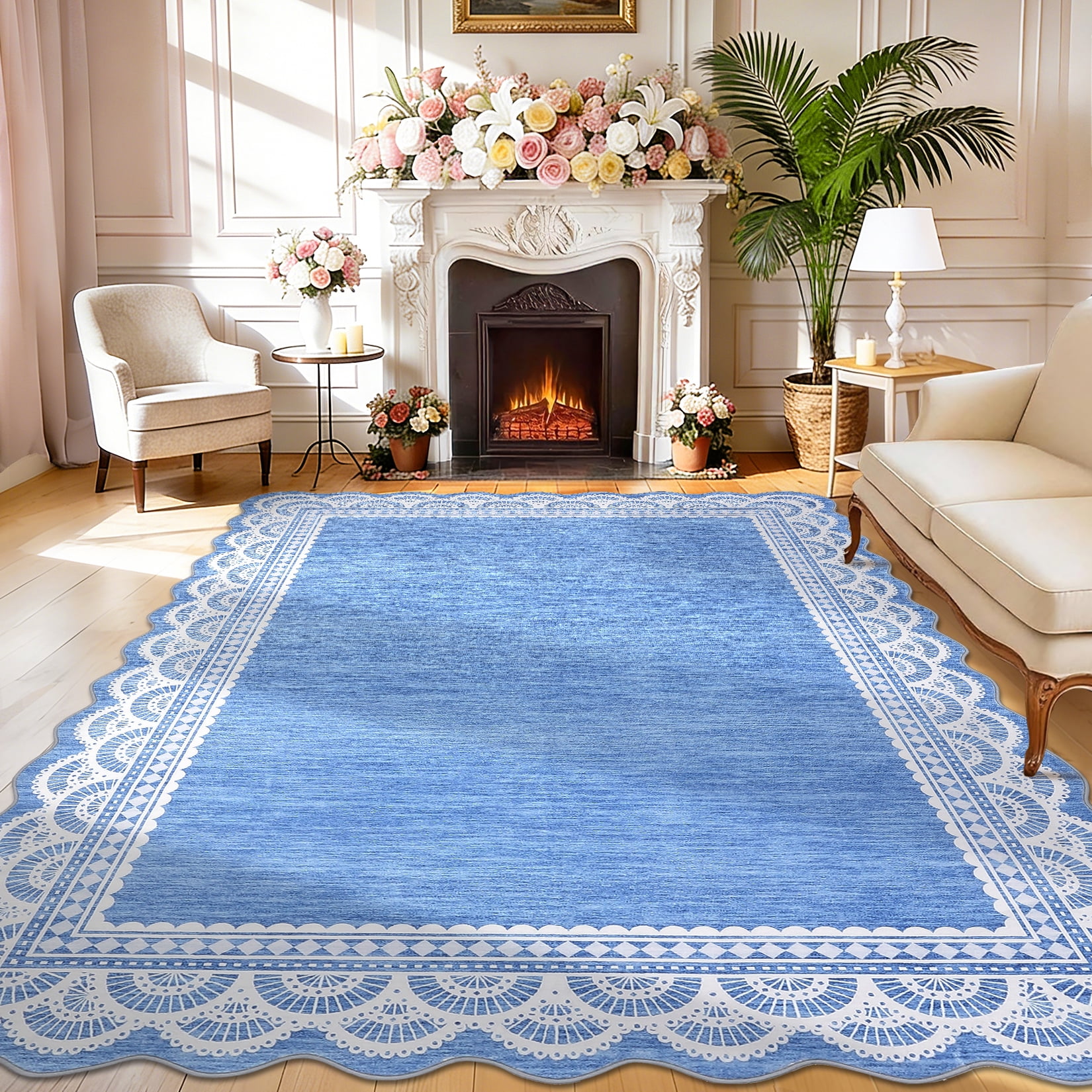 Garvee 8'x10' Scalloped Area Rug Modern Lace Edge Carpet, Washable Solid Rug Non-Slip Low Pile Indoor Mats for Living Room Bedroom Home Decor, Blue
