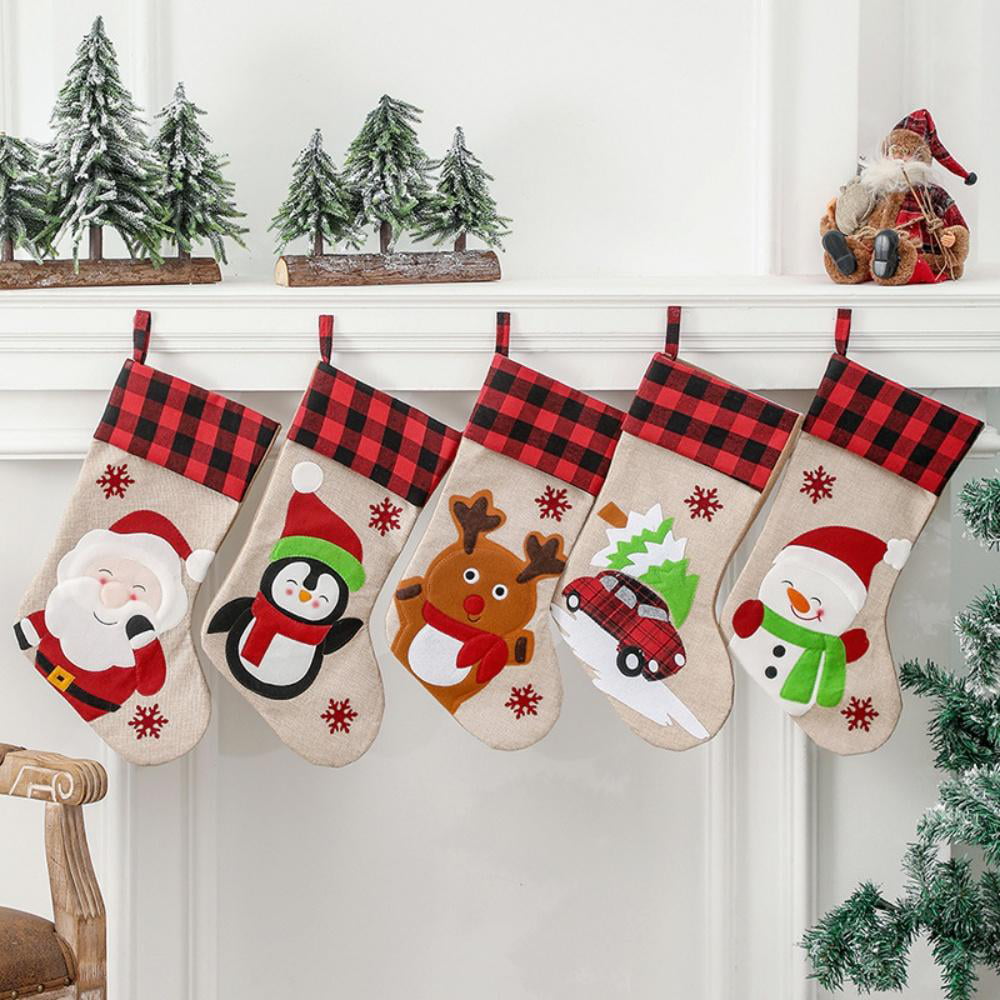Fun-Here Christmas Stocking Santa Snowman Reindeer Xmas Character 3D Plush Party Decoration Large Size Xmas Gift Bag Hanging 3D Plush Decorations Home Decor 
