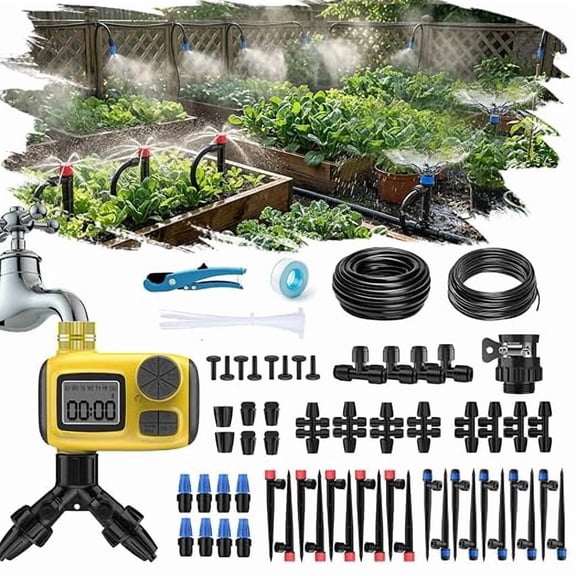 Automatic Drip Irrigation Kit with Timer 3 Nozzle Types 4 Water Flow Settings Daily Weekly Cycles IP55 Waterproof Smart Garden Watering System