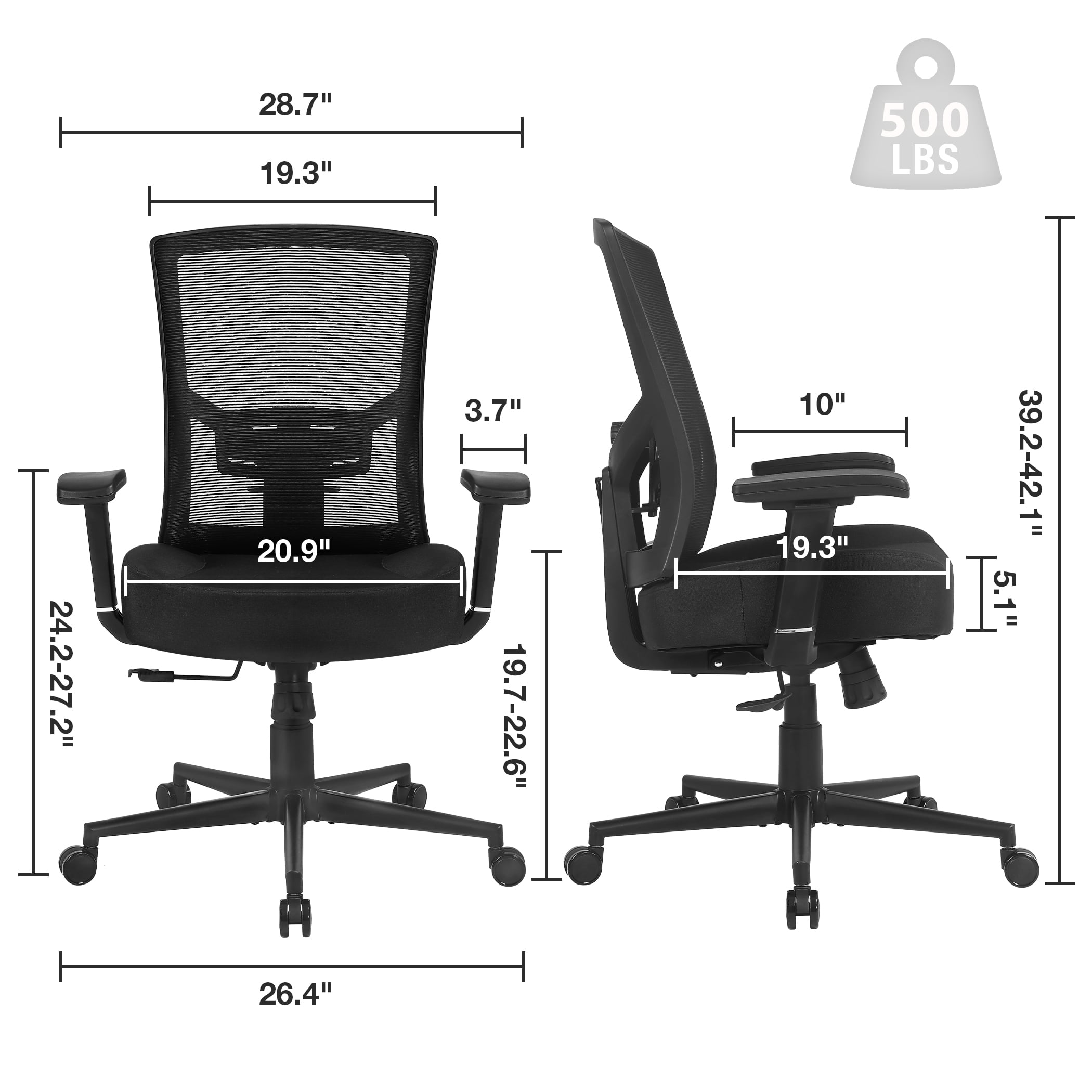 JONPONY Big and Tall Office Chair 500lbs, Ergonomic High Back Computer Desk Chair for with Adjustable Waist Support and Heavy Duty Metal Base Mesh Chair,Black