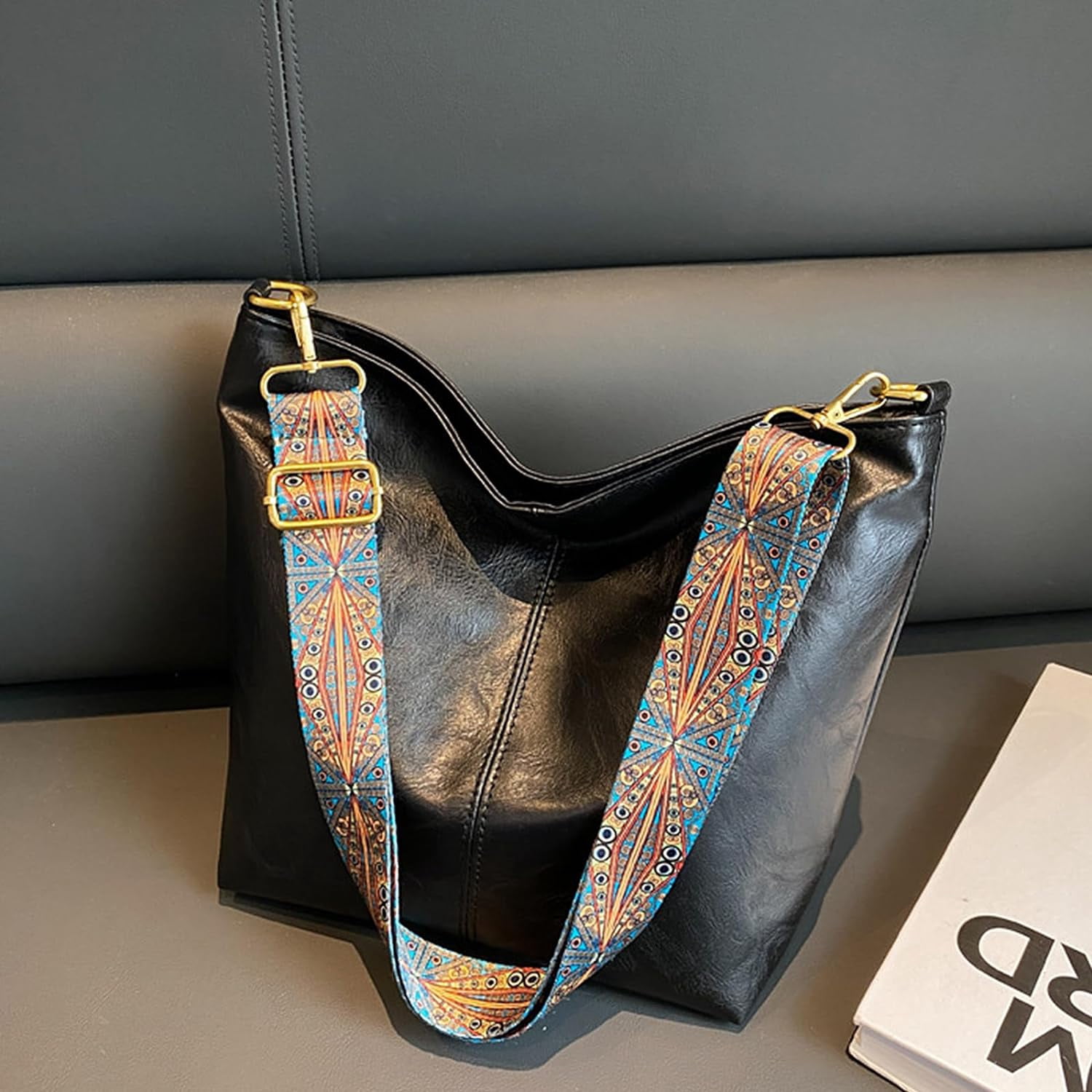 LinYooLi Hobo Bags for Women Crossbody Handbags Guitar Strap Shoulder Bucket Bag Vegan Leather Purse Trendy Boho Tote Purses
