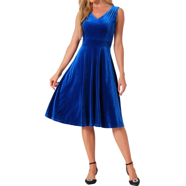 Vestido sin mangas de terciopelo de alta cintura con escote en V, estilo A, para cóctel, midi, color azul real