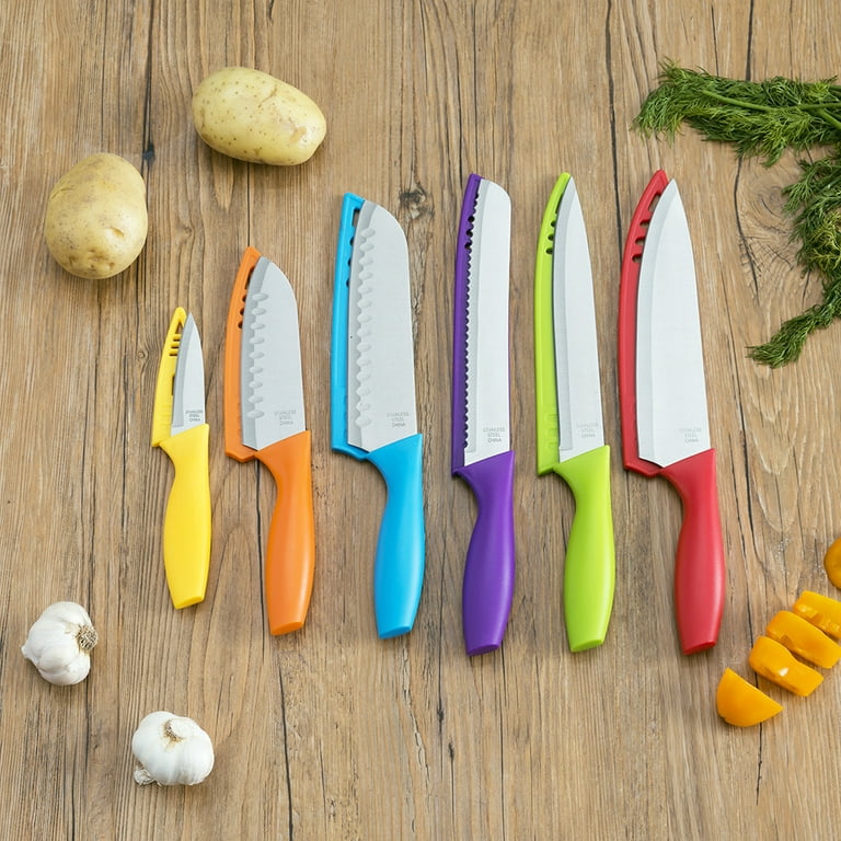 Home Basics 6 Stainless Steel Knife Set with Colorful Slip Covers