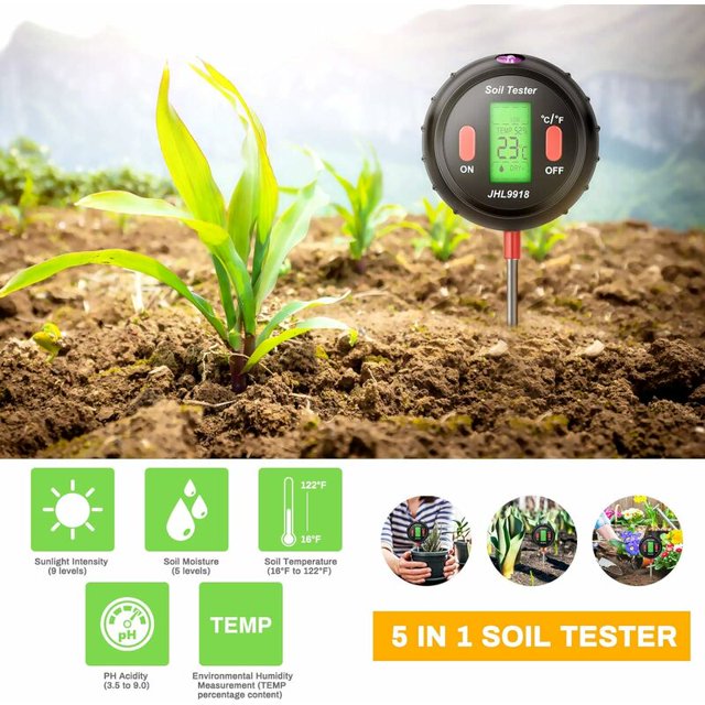 Probador digital de suelo 5 en 1: PH, medidor, luz solar, temperatura, medición de humedad ambiental para el cuidado del césped (Nior)