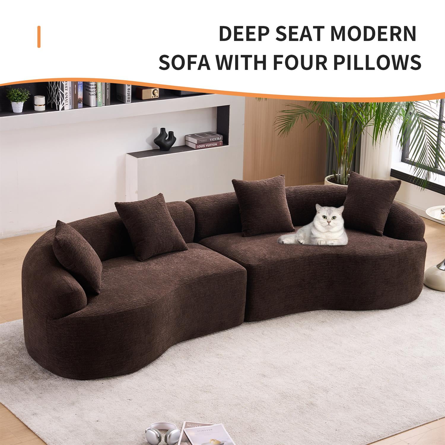 Demi Bonn 110"L Modular Sectional Sofa with Full Compression Sponge, Curved Design, High-Density Chenille Sleeper Couch for Living Room, 800 lbs Capacity, Brown