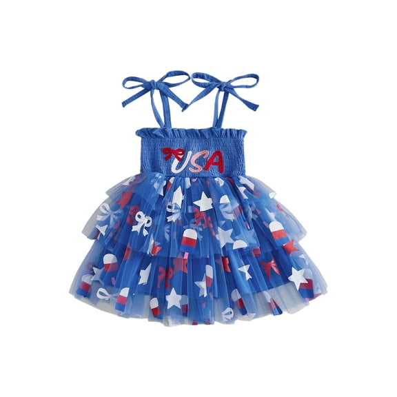 BemeyourBBs Toddler Baby Girl 4th of July Dress Outfit Little Girl Summer Smocked Tulle Tutu Dress Patriot Independent Day Clothes Star Bow Popsicle Tie Shoulder A-line Layered Causal Holiday Dress