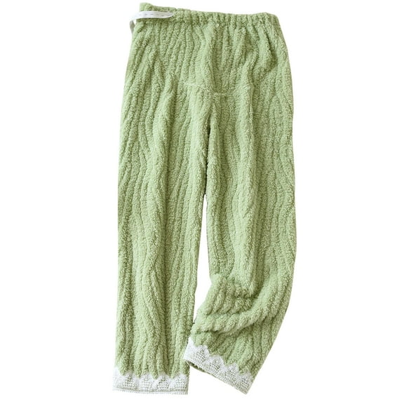 AINIYS Women's Fleece Loungewear Pants Textured Lace Trim Trousers for Home Casual Daily Wear Green L