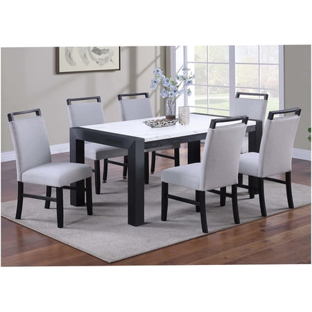Modern 7-Piece Dining Set with Faux Marble Table and 6 Upholstered Chairs Charcoal and White