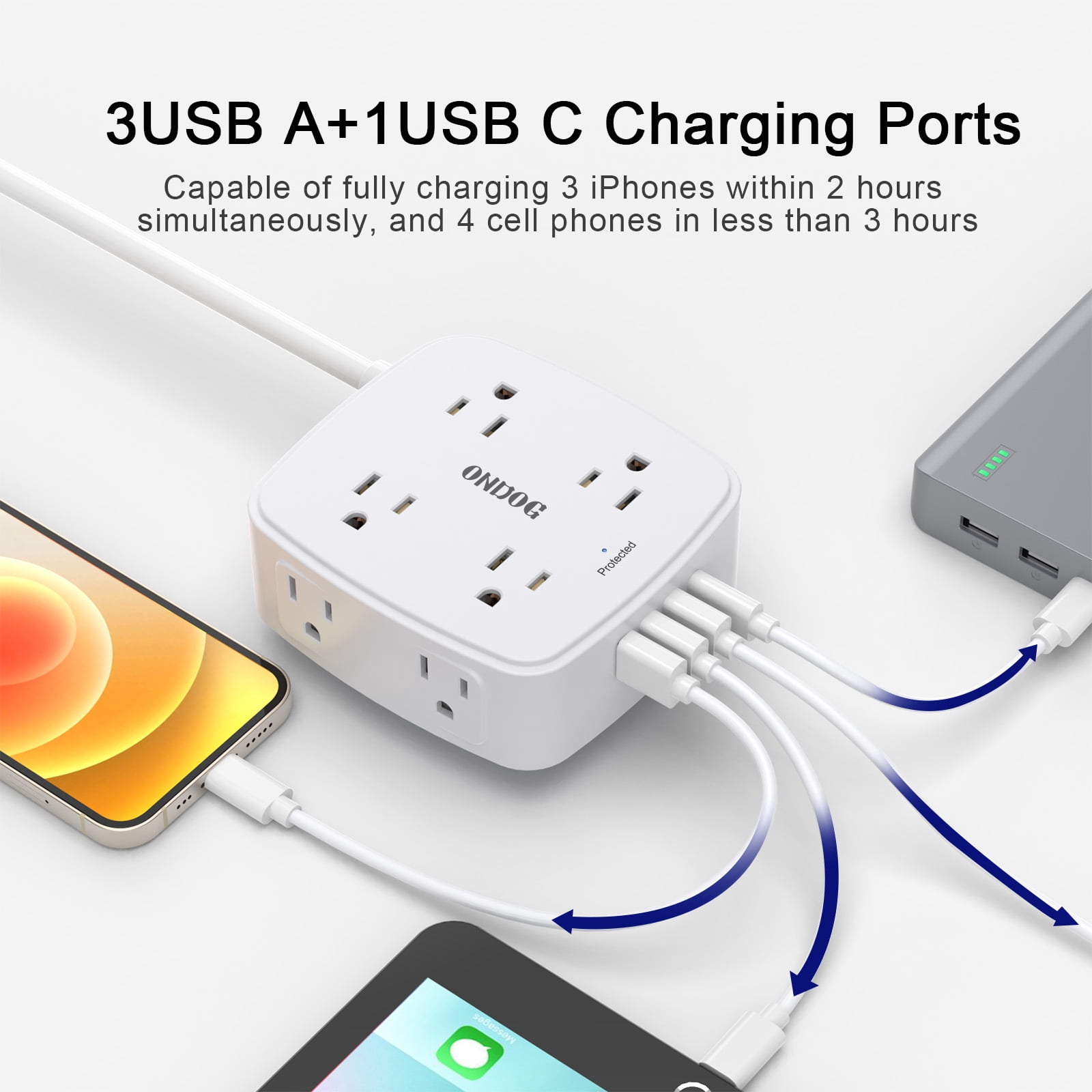 ONDOG 6ft Extension Cord Surge Protector - 8 Outlets and 4 USB (3U1C) Power Strip, ETL Listed