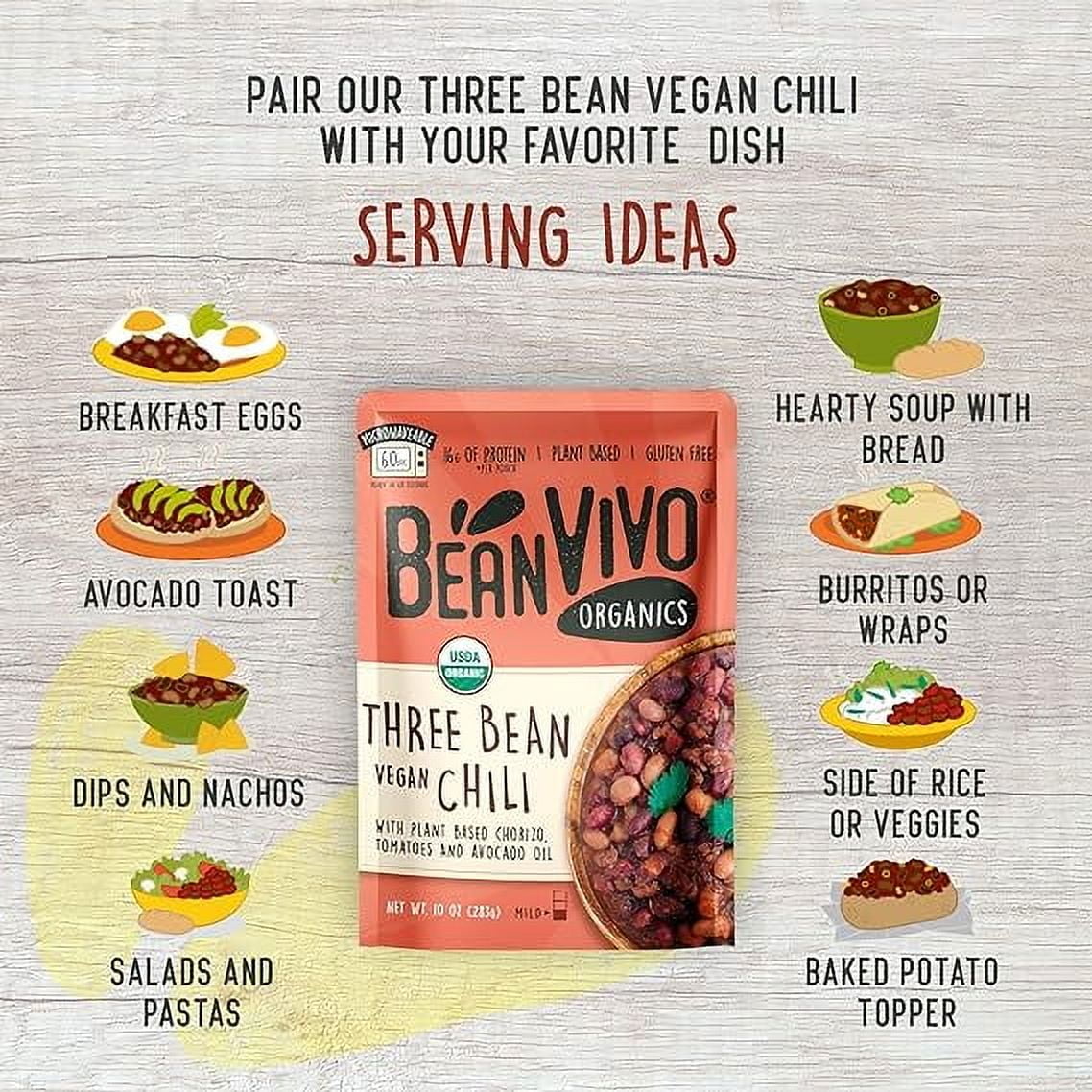 (4 pack) BeanVIVO Organics Three Bean Vegan Chili - Good Source of Fiber - Nutritious & Microwave Meals - Gluten-Free Plant Food - 10 oz Pouch