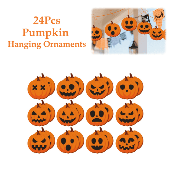 24Pcs Halloween Pumpkin Hanging Ornaments, Lantern Tags with Hemp Rope, Pumpkin Face Hanging Signs for Outdoor Tree Yard Party Home Holiday Decor