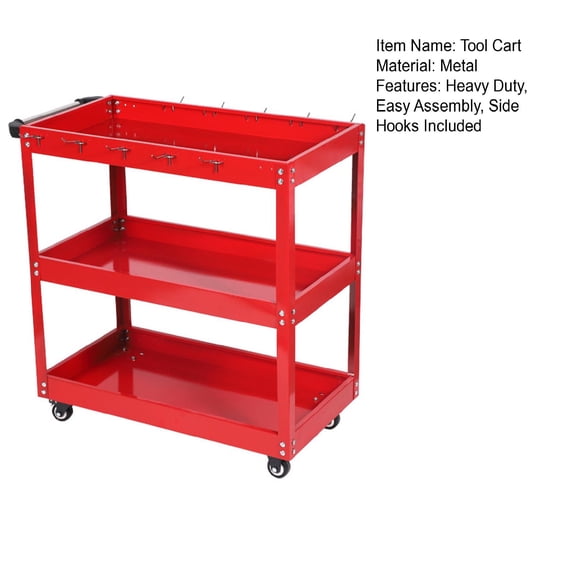 Yedigre 3-Tier Rolling Tool Cart, Metal Heavy Duty Utility Cart with Side Hooks, 4 Wheels, Handle, 330lbs Load Capacity Tool Organizer Cart for Warehouse, Garage