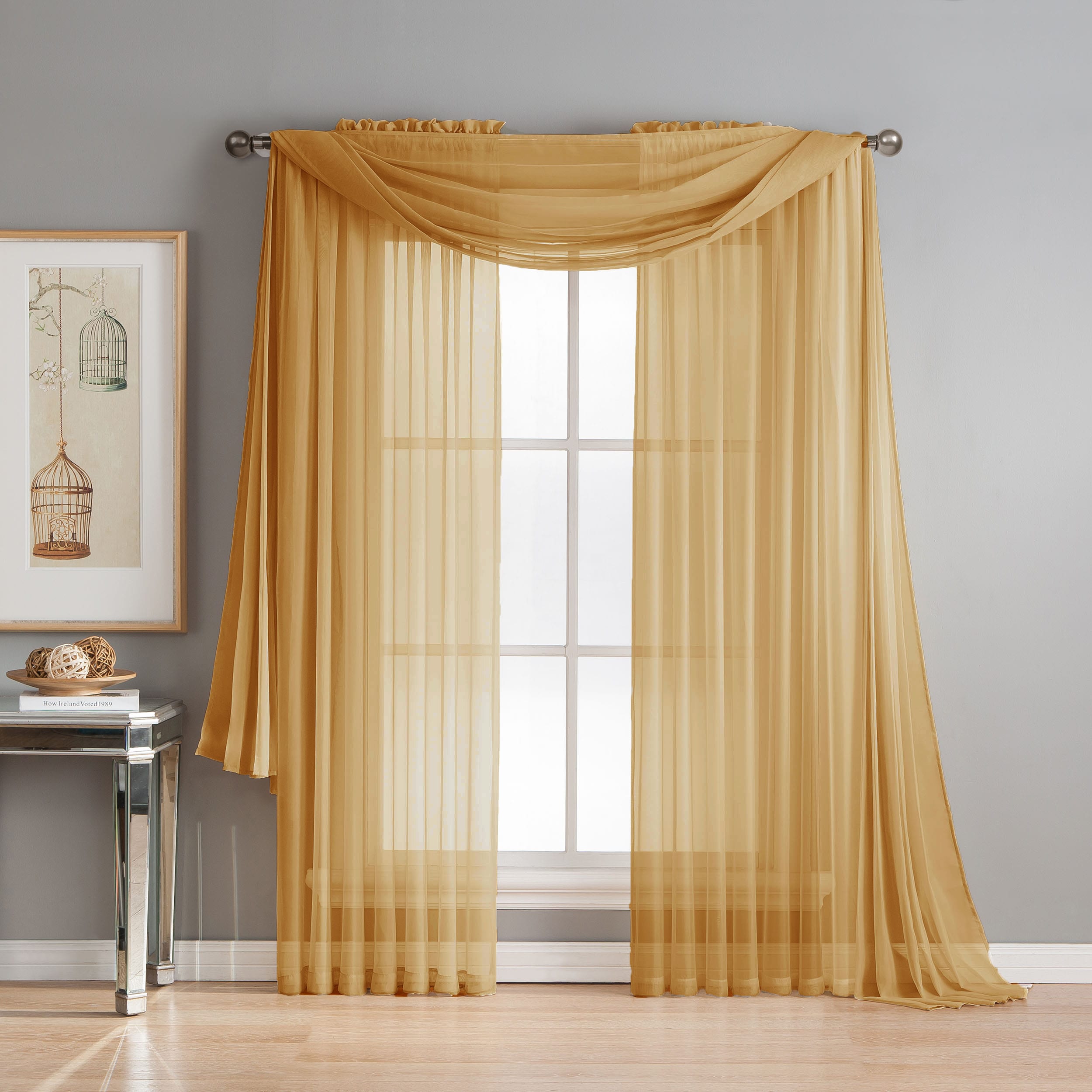 Diamond Sheer Voile Extra Wide 56" x 84" Rod Pocket Window Curtain Panel, Gold