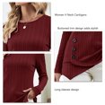 thumbnail image 5 of Wine Red Women's Long Sleeve Crewneck Tunic Top with Irregular Hem and Buttoned Trim for Casual Fashion, Size M, 5 of 6