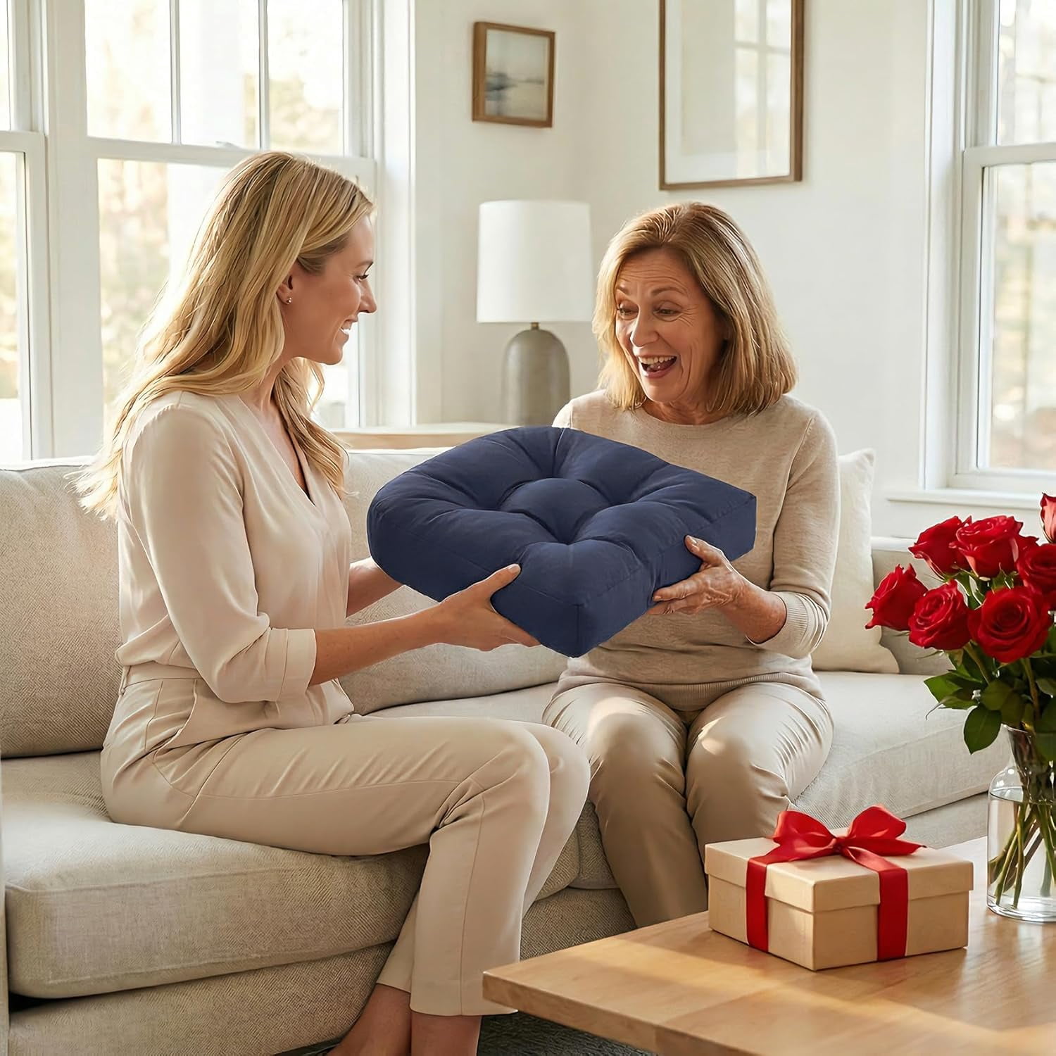 Wicker Furniture Cushions Set of 3, Waterproof Outdoor Loveseat Cushions for Patio Furniture, 4 Inch Thick Tufted Non-Slip Outdoor Cushions for Wicker Patio Furniture (Navy Blue, 44" x 19")