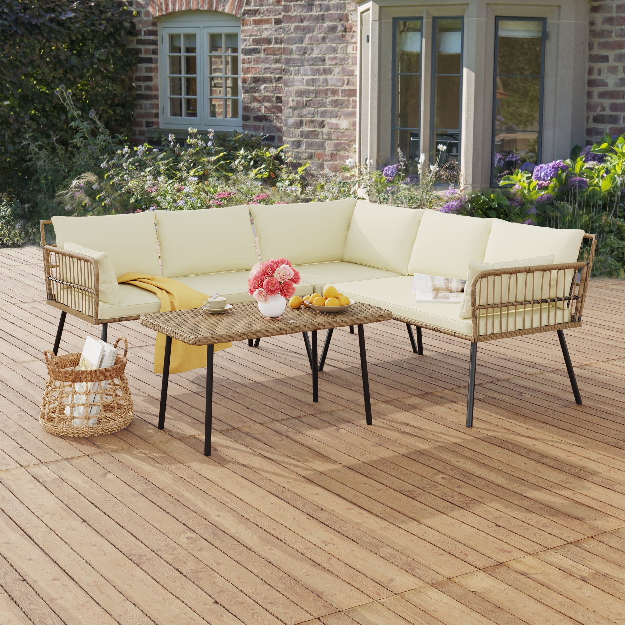 Dextrus 5 Seats Metal Garden Couch Boho Patio Sofa Set with PE Rattan Coffee Table Beige Walmart