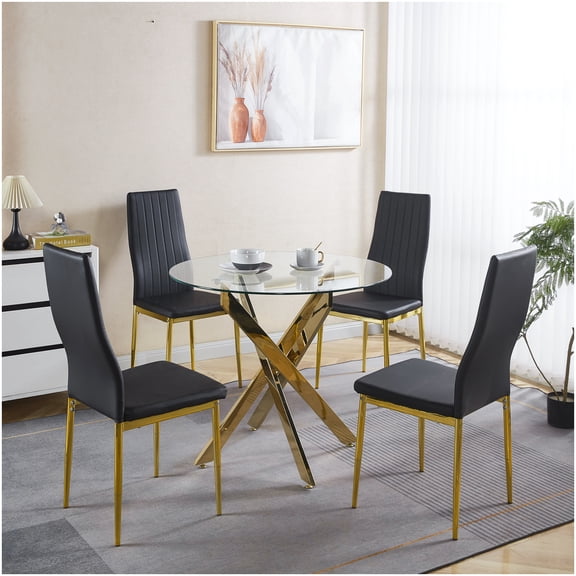 Black Gold Glass Top Dining Table Set for 4-6 People, 5-Pc Mid-Century Kitchen Table with Metal Pedestal Base