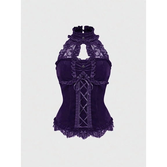 Purple Velvet & Lace Halter Corset Top With Ruffled Collar And Crisscross Lace-Up Front