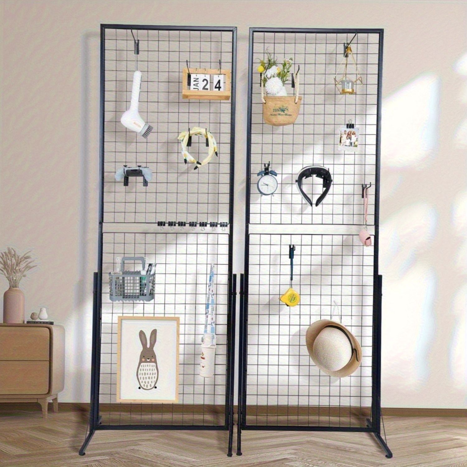 67 x 24 in Grid Wall Panels, 2 Packs Wire Gridwall Display Racks Tower with T-Base, Floorstanding Double Side Gridwall Panels, Retail Display with Extra Clips and Hooks for Art Craft Shows