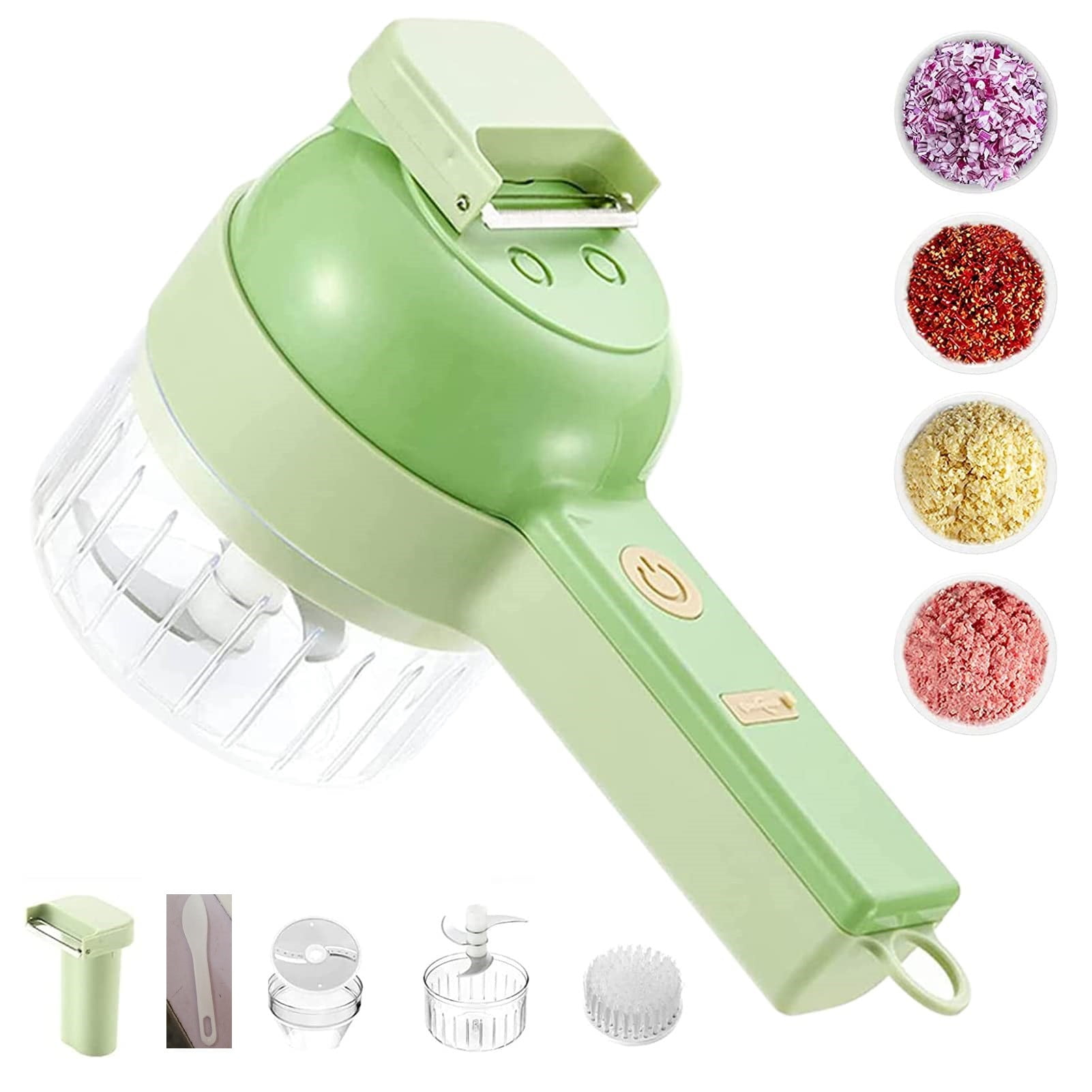 Nicoport 4 in 1 Handheld Electric Vegetable Cutter and Slicer USB Mini Wireless Food Processor with Brush for Ginger Peppers Onions, Size: 20.5, Green