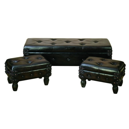 Decmode Set of 3 traditional 20, 20, and 48 inch faux leather and wood tufted rectangular benches, Dark Brown