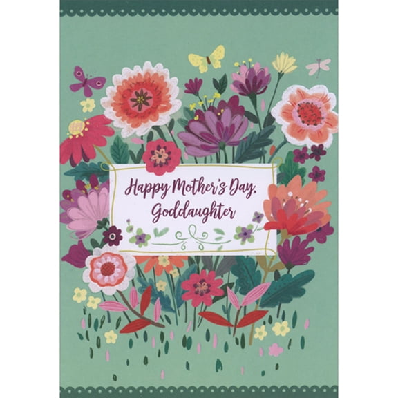 Designer Greetings Red, Pink, Orange, White and Purple Flowers Around Rectangular White Banner on Green Background Mother's Day Card for Goddaughter