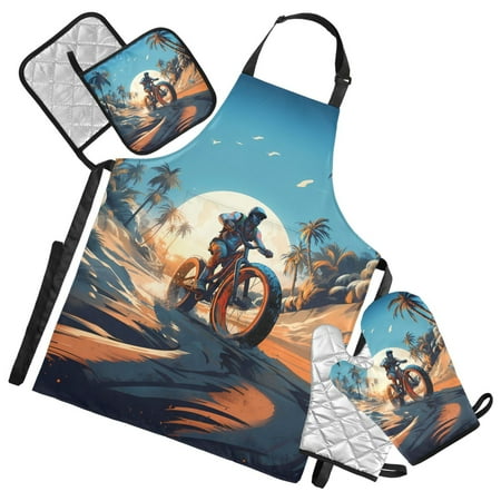 Cool Motorcyclist 5 Pcs Kitchen Set Heat Resistant Oven Mitts and Non-Slip Pot Holders with Adjustable Cooking Apron