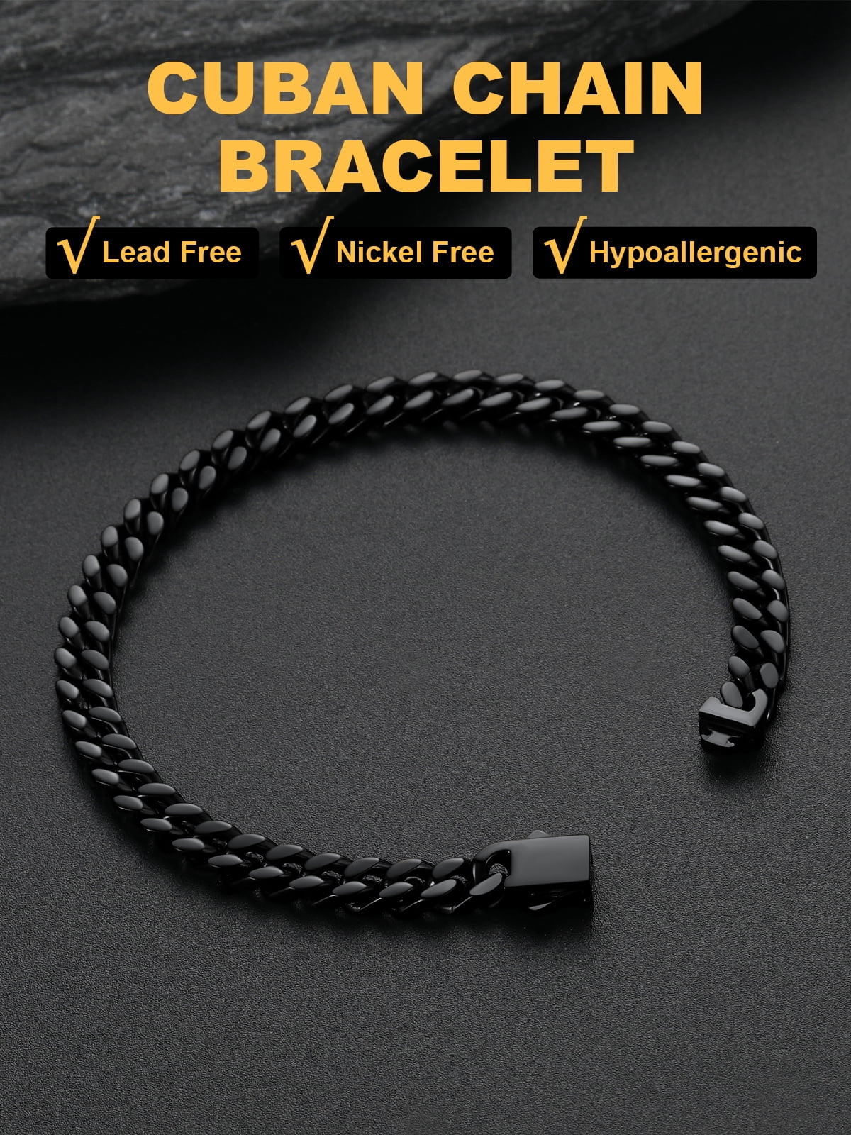 U7 Black Miami Cuban Bracelet for Men 5mm Charm Bracelet Chain Stainless Steel Birthday Valentines Jewelry Gift 7.5inch