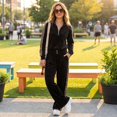 thumbnail image 4 of Szluipve 2 Piece Sets for Women Velour Tracksuit 2 Piece Outfit Half Zip Stand Collar Top Leopard Print Side Stripe Wide Leg Pants Casual Loungewear Set Black XL, 4 of 7