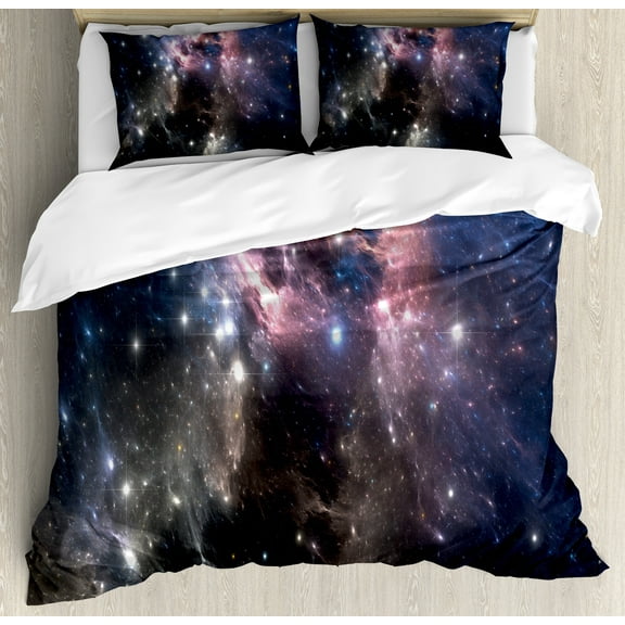 Ambesonne Constellation Duvet Cover Set, Vivid Supernova, King, Pale Pink Blue Black