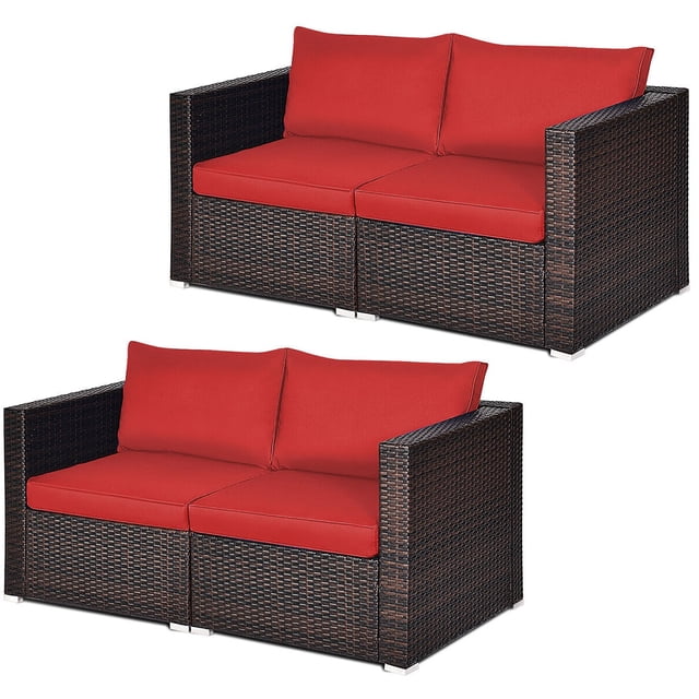 Gymax Ensemble de Canapé d'Angle en Rotin 4 Pcs Ensemble de Meubles de Patio Extérieur avec Coussins Rouges