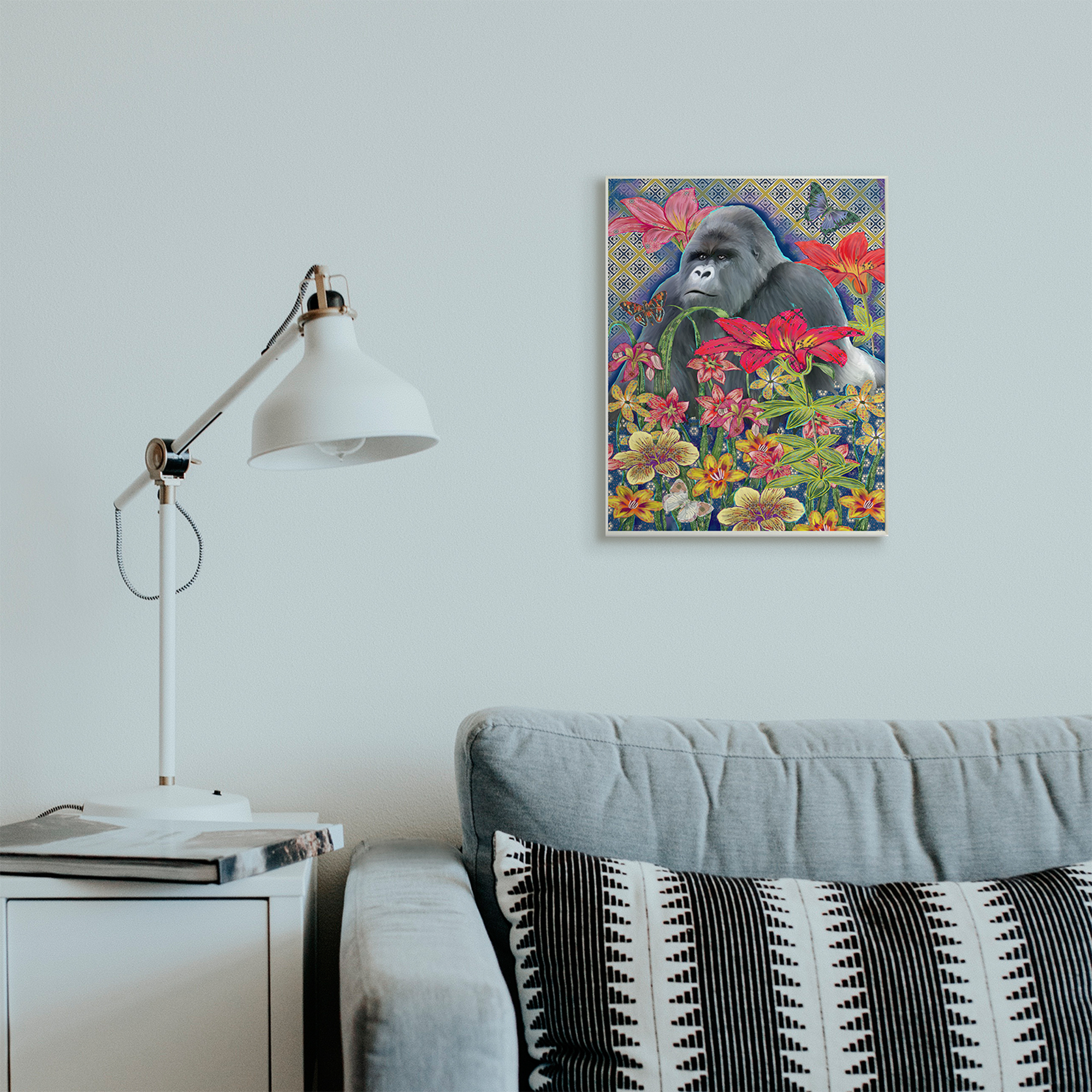 Stupell Industries Gorilla Standing Behind Tropical Florals Geometric Pattern Animals & Insects Painting Unframed Art Print Wall Art, 13 x 19