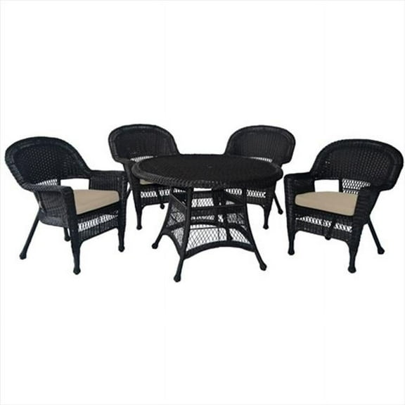 5 Piece Espresso Wicker Dining Set - Tan Cushions