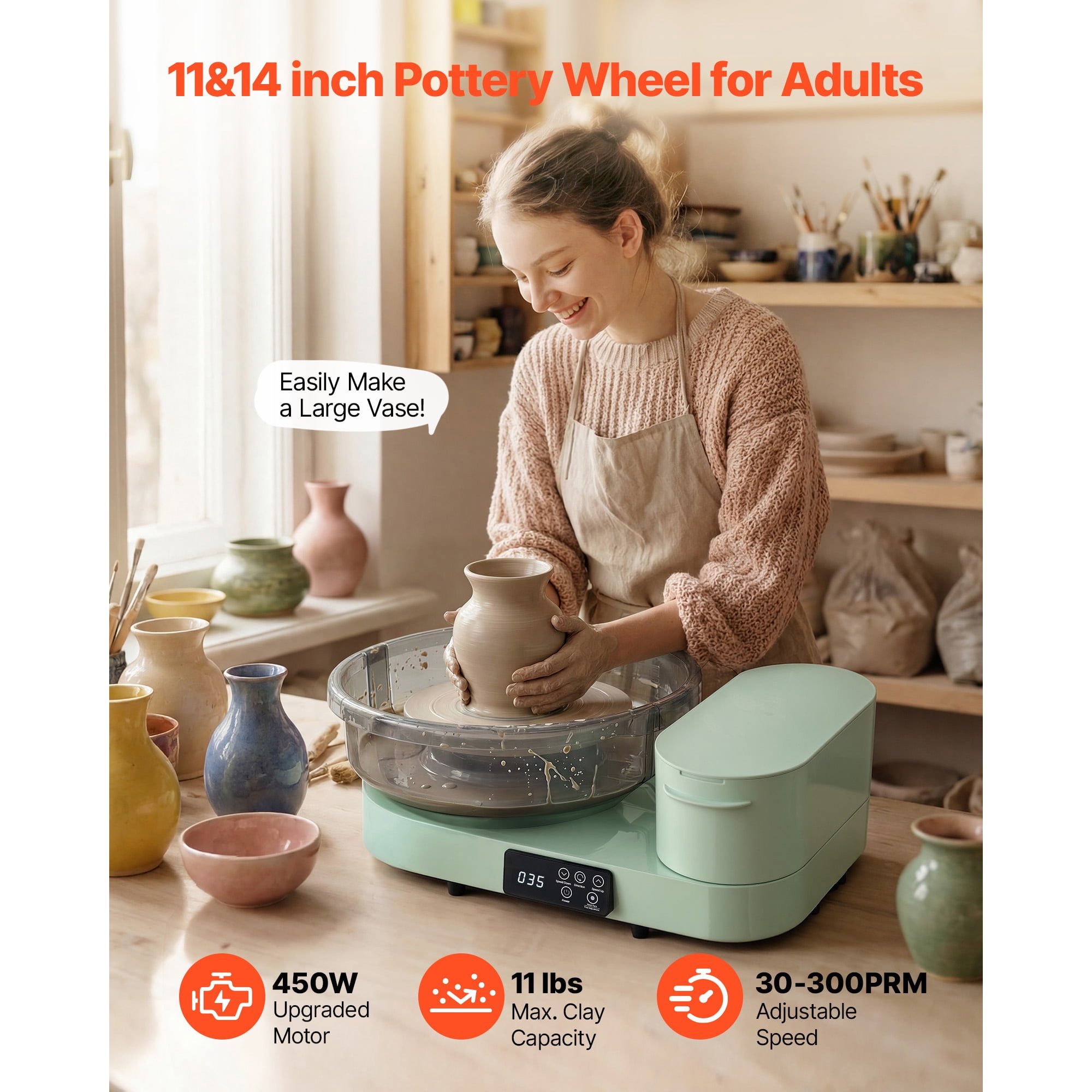 KFFKFF Electric Pottery Wheel for Adults, 14" and 11" Turntables, 450W Tabletop Ceramic Wheel with Foot Pedal, Adjustable Speed 30-300 RPM, Durable Aluminum Build, Ideal for Beginners