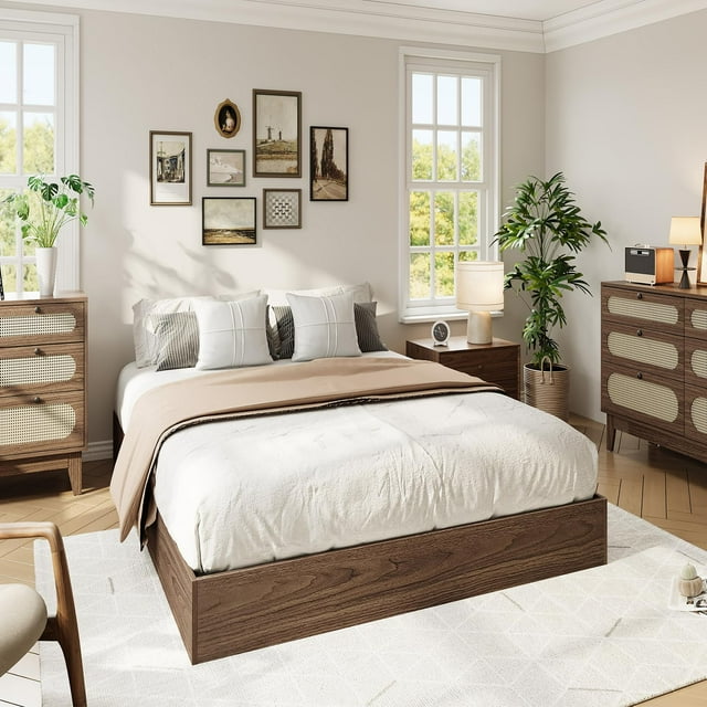 BeesClover Lit Plateforme en Bois Massif avec Lattes en Bois Robustes, Cadre de Lit au Sol Format Simple/double/Grand/Très Grand, Cadre de Lit au Design Moderne Minimaliste, Aucun Sommier Requis