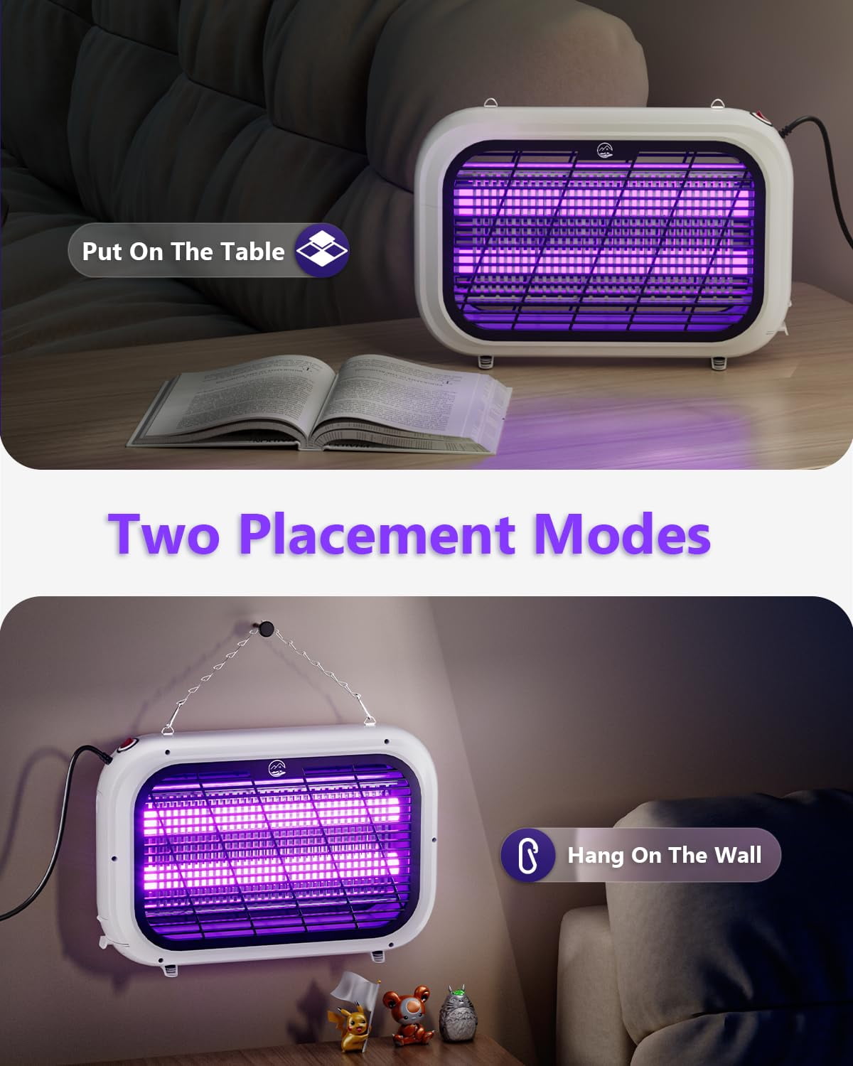 Indoor Electric Bug Zapper, Powerful Fly Zapper with Double-Layer High-Voltage Grid, All-Round Mosquito Catcher for Mosquito/Fly/Moth/Gnat, LED Trap, Removable Tray & 2 Replace Light Tube, Hangable
