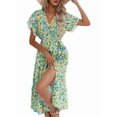thumbnail image 3 of Jaimenalin Women'S Floral Long Dress Short Sleeve Wrap V Neck Ruffle Long Flowy Beach Dresses 109102 Green S, 3 of 9