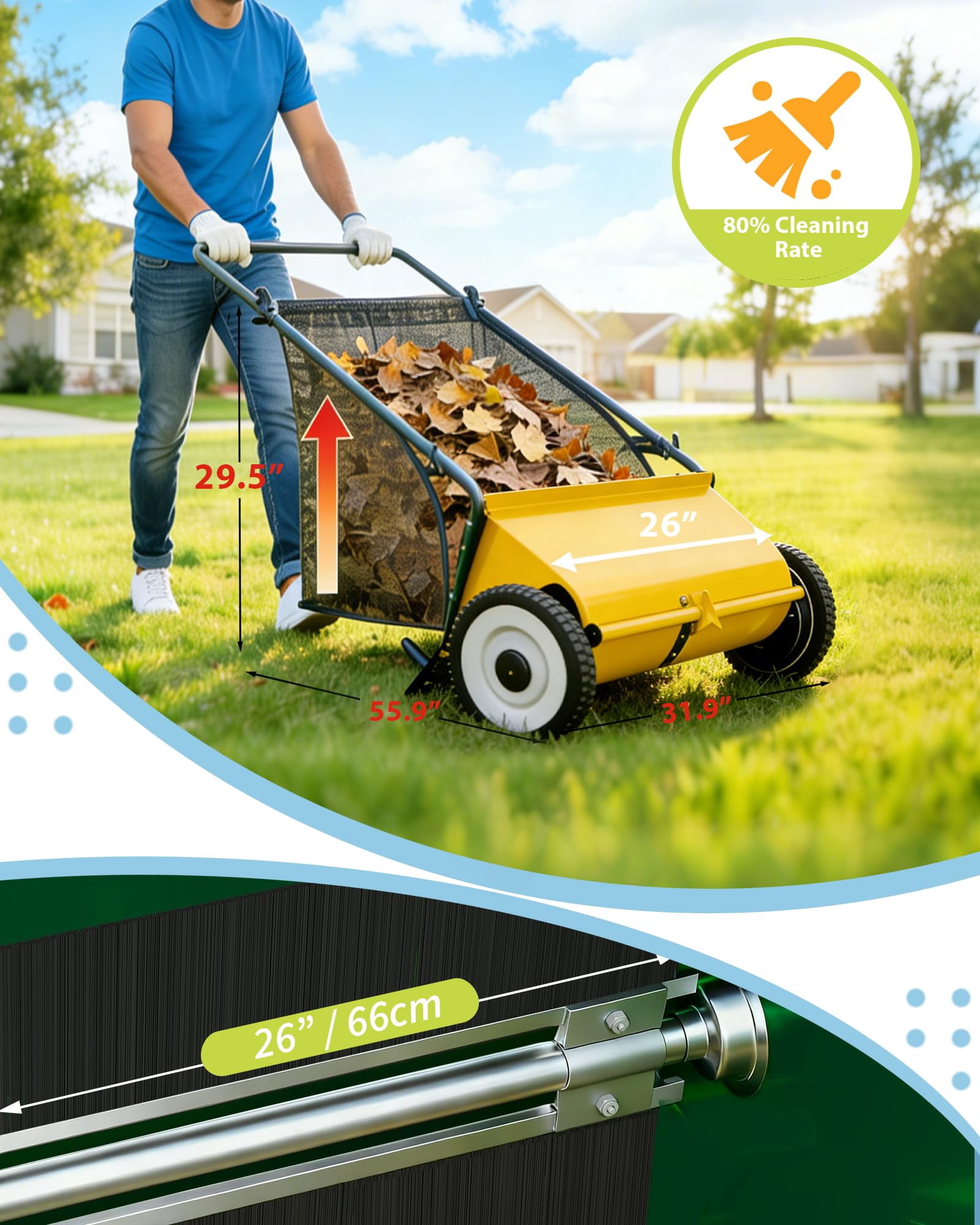 21 Inch Push Lawn Sweeper, 3.5 Cu. Ft. Hopper Capacity Grass Sweeper, Manual Push Yard Sweeper with Height Adjustment & 4 Fast Spinning Brushes for Grass Clippings, Leaves & Debris