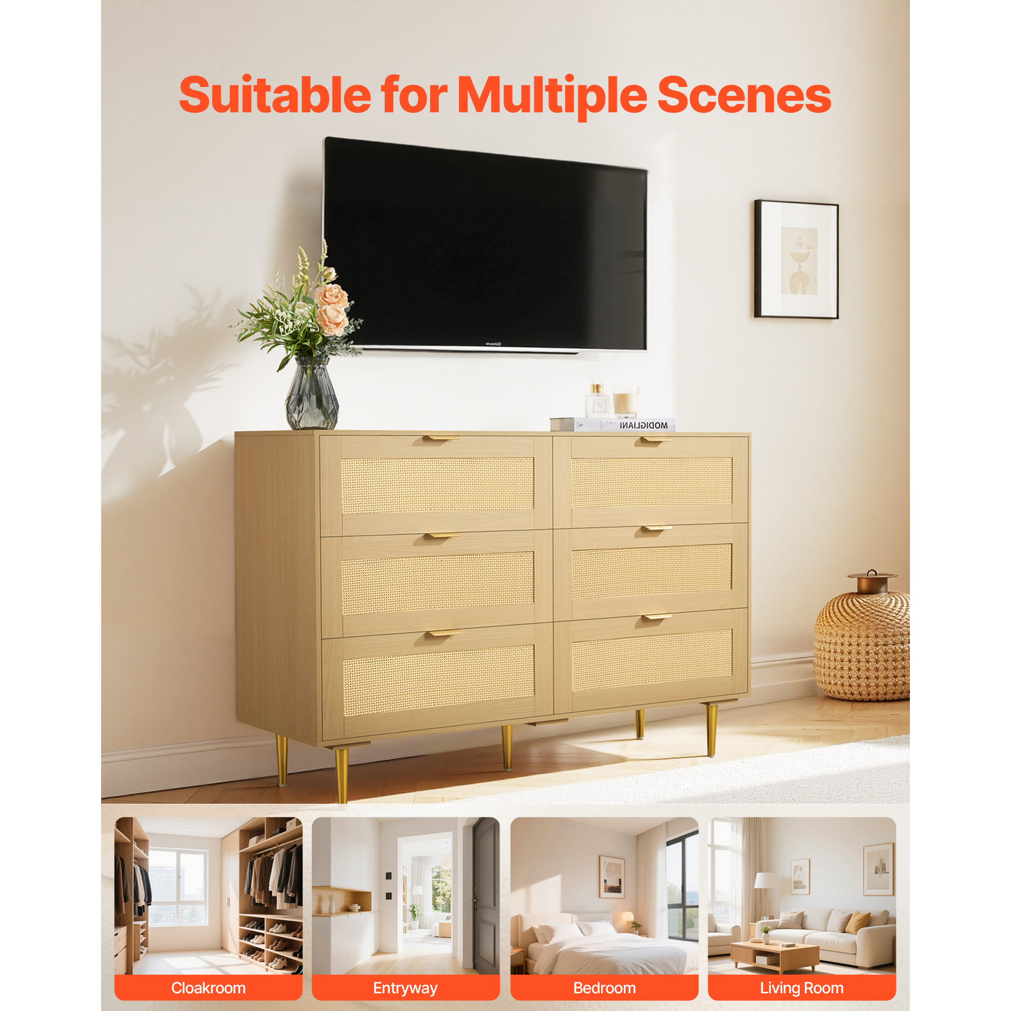 KFFKFF 6-Drawer Dresser, Wooden Storage Dresser for Bedroom, Stylish Storage Organizer for Clothing in Bedroom, Living Room, or Hallway
